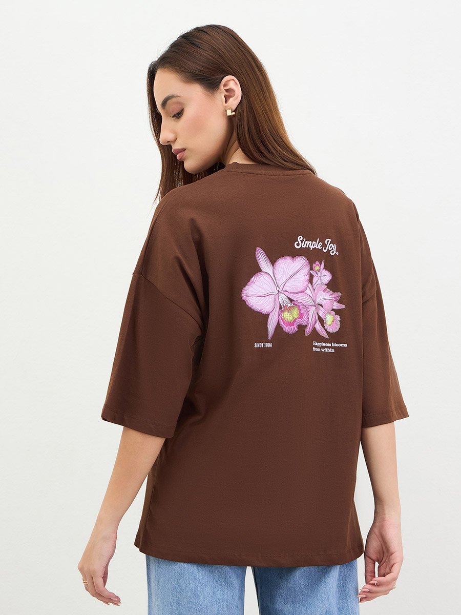 Brown Oversized Slogan T-Shirt