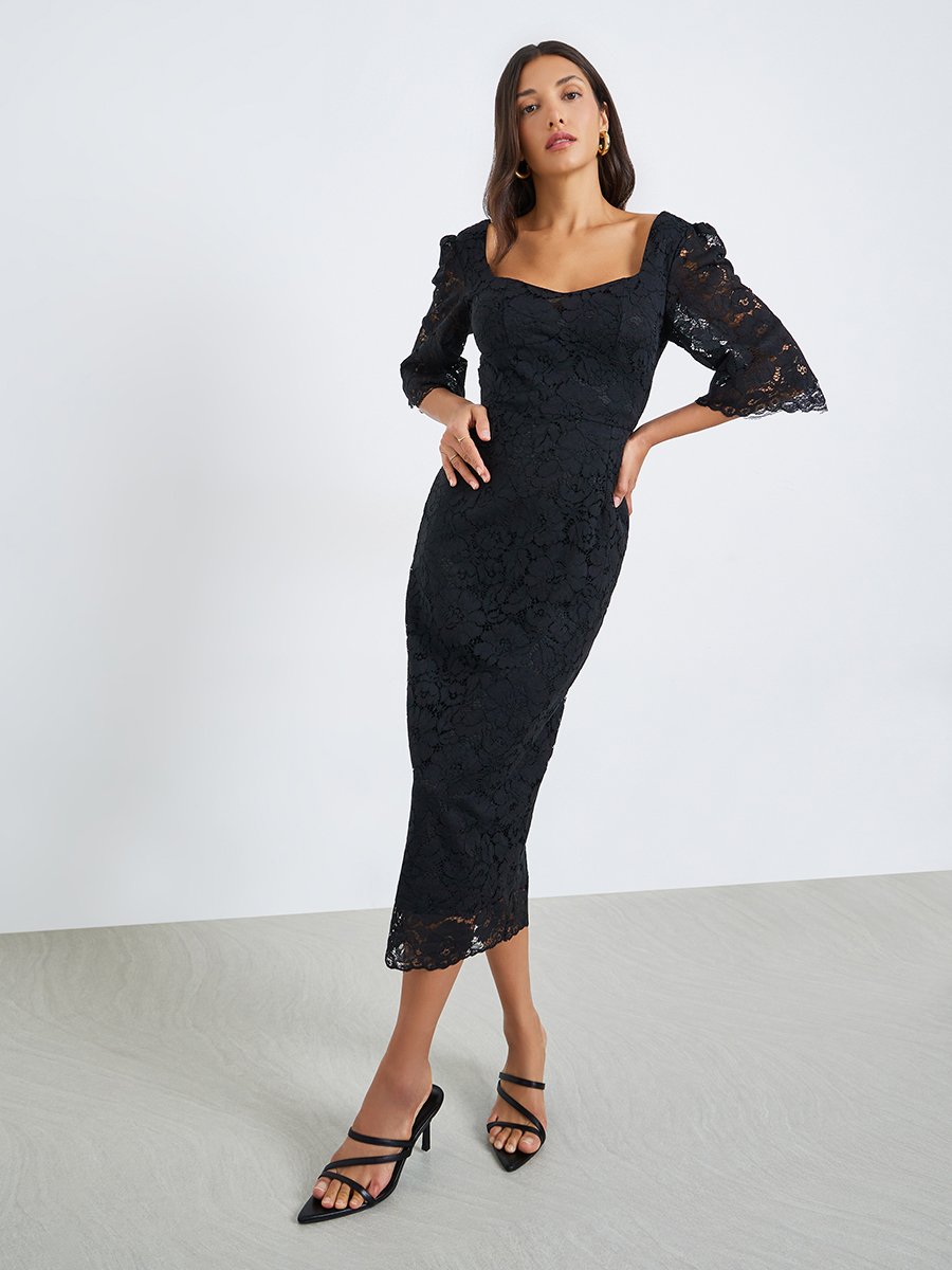 Women Black Lace Overlay Sheath Midi Dress For Women at Kuwait | Styli