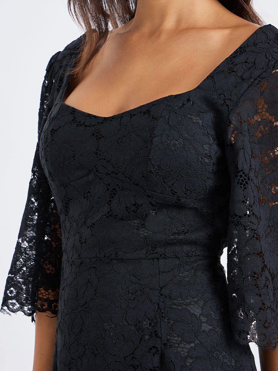 Women Black Lace Overlay Sheath Midi Dress