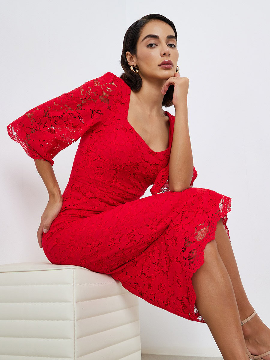 Red Lace Overlay Sheath Midi Dress For Women at Oman | Styli Red Lace Overlay Sheath Midi Dress For Women at Oman | Styli