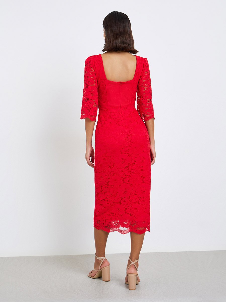 Red Lace Overlay Sheath Midi Dress For Women at Oman | Styli