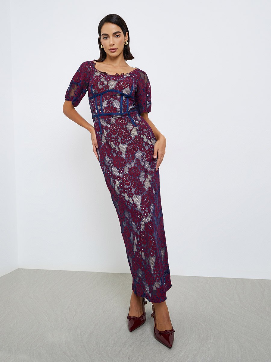 Women Navy Blue All-Lace Sheath Maxi Dress