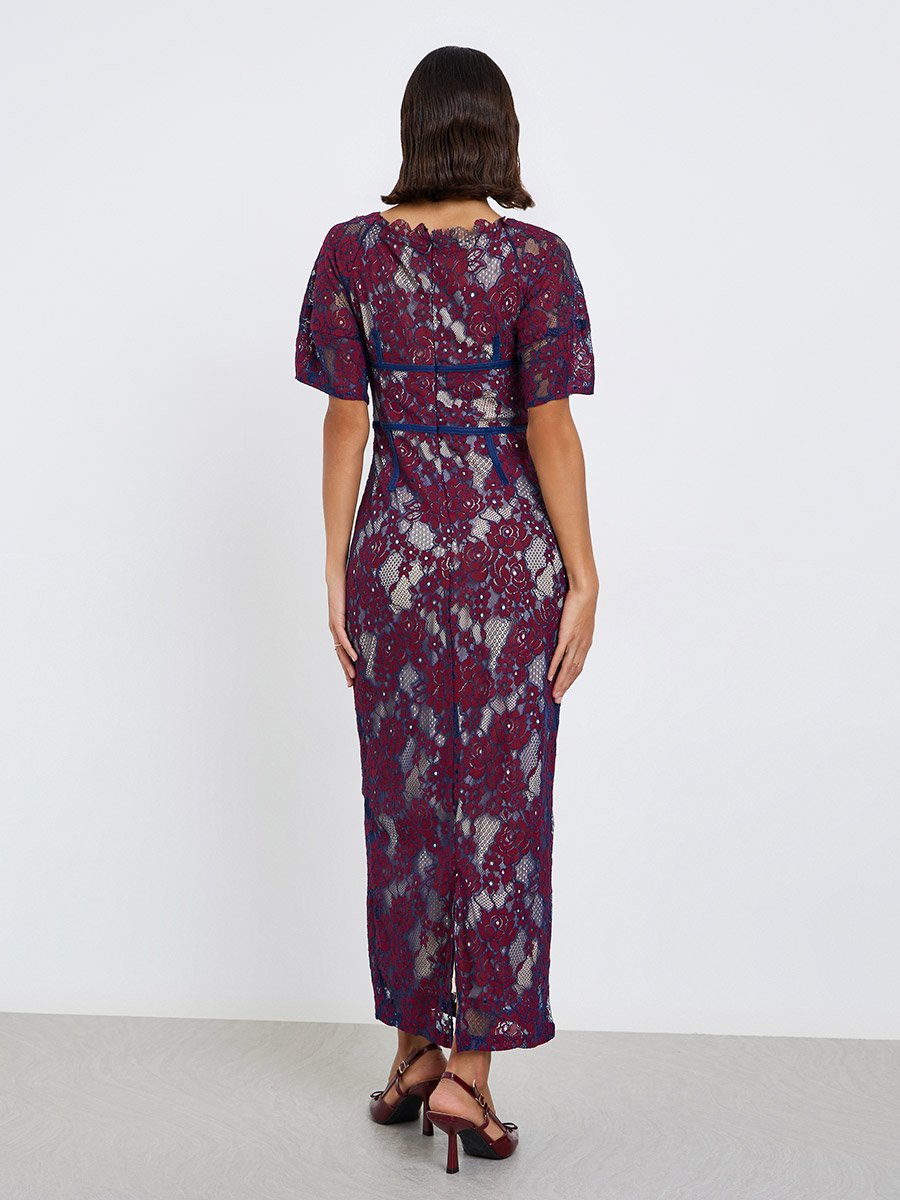Women Navy Blue All-Lace Sheath Maxi Dress
