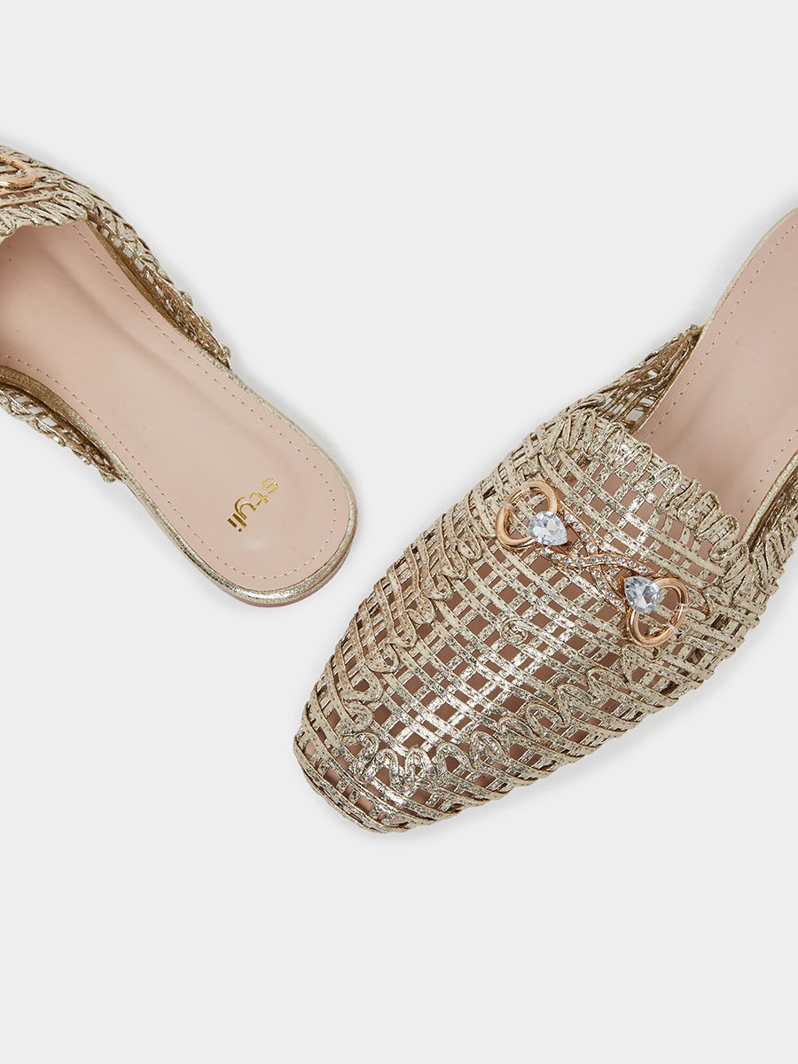 Gold Woven Mule Loafers