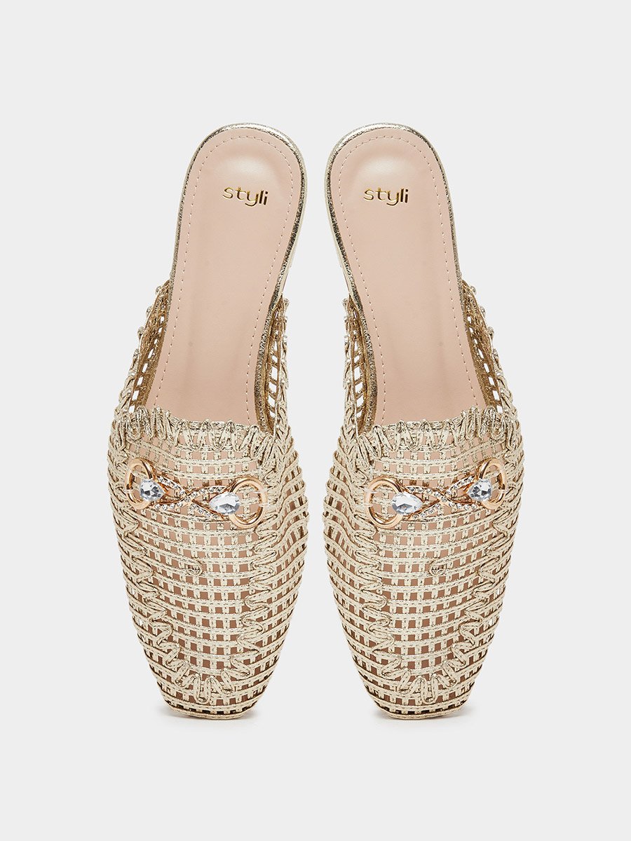 Gold Woven Mule Loafers