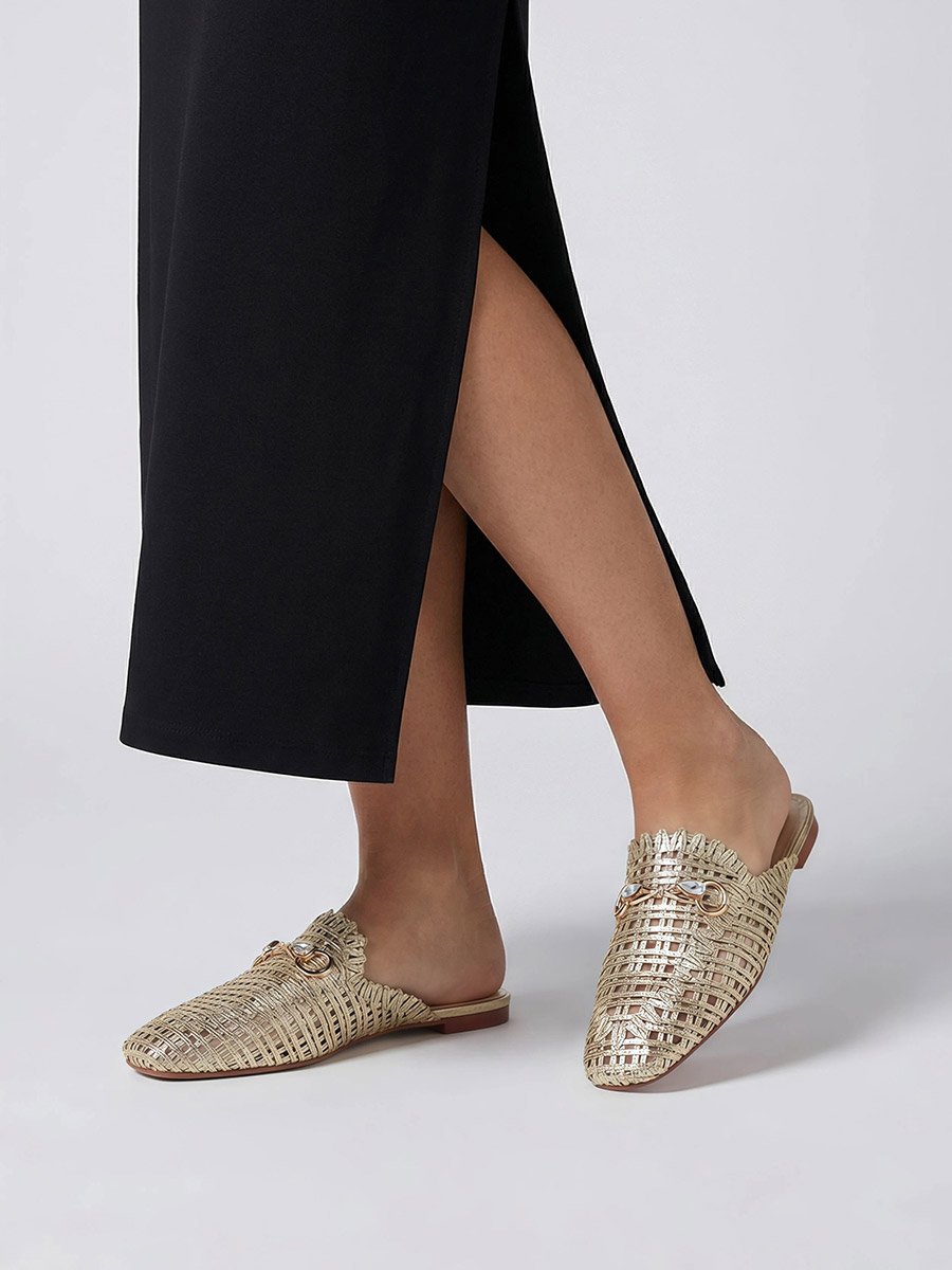 Gold Woven Mule Loafers