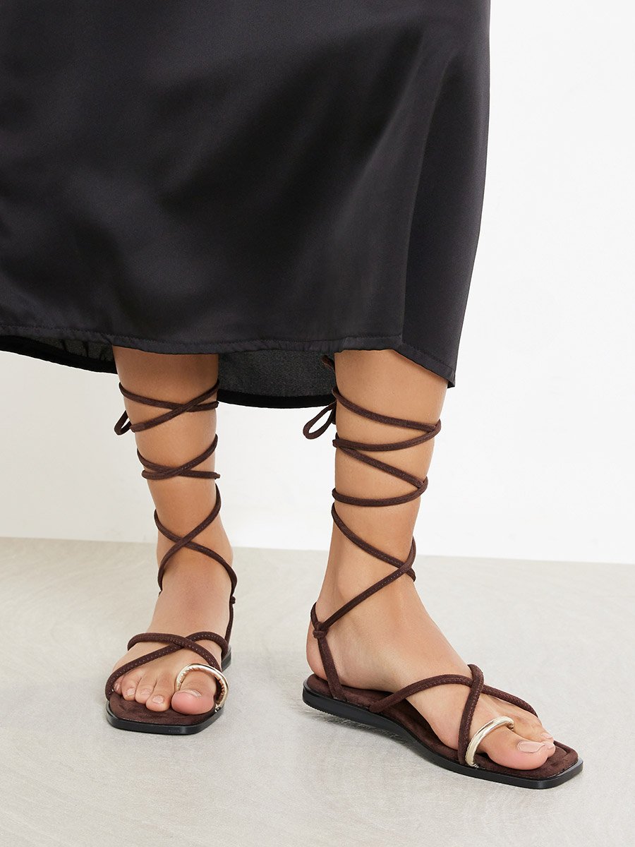 Brown Tie-Wrap Toe Post Flat Sandals