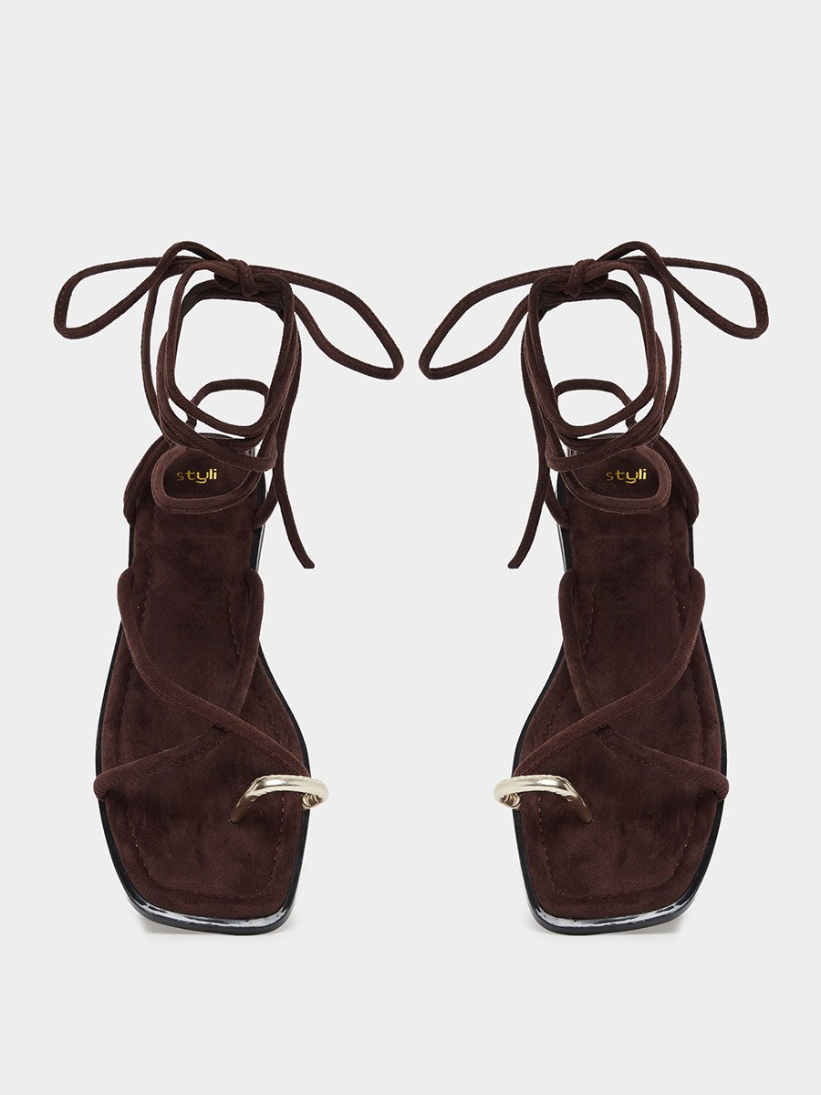 Brown Tie-Wrap Toe Post Flat Sandals