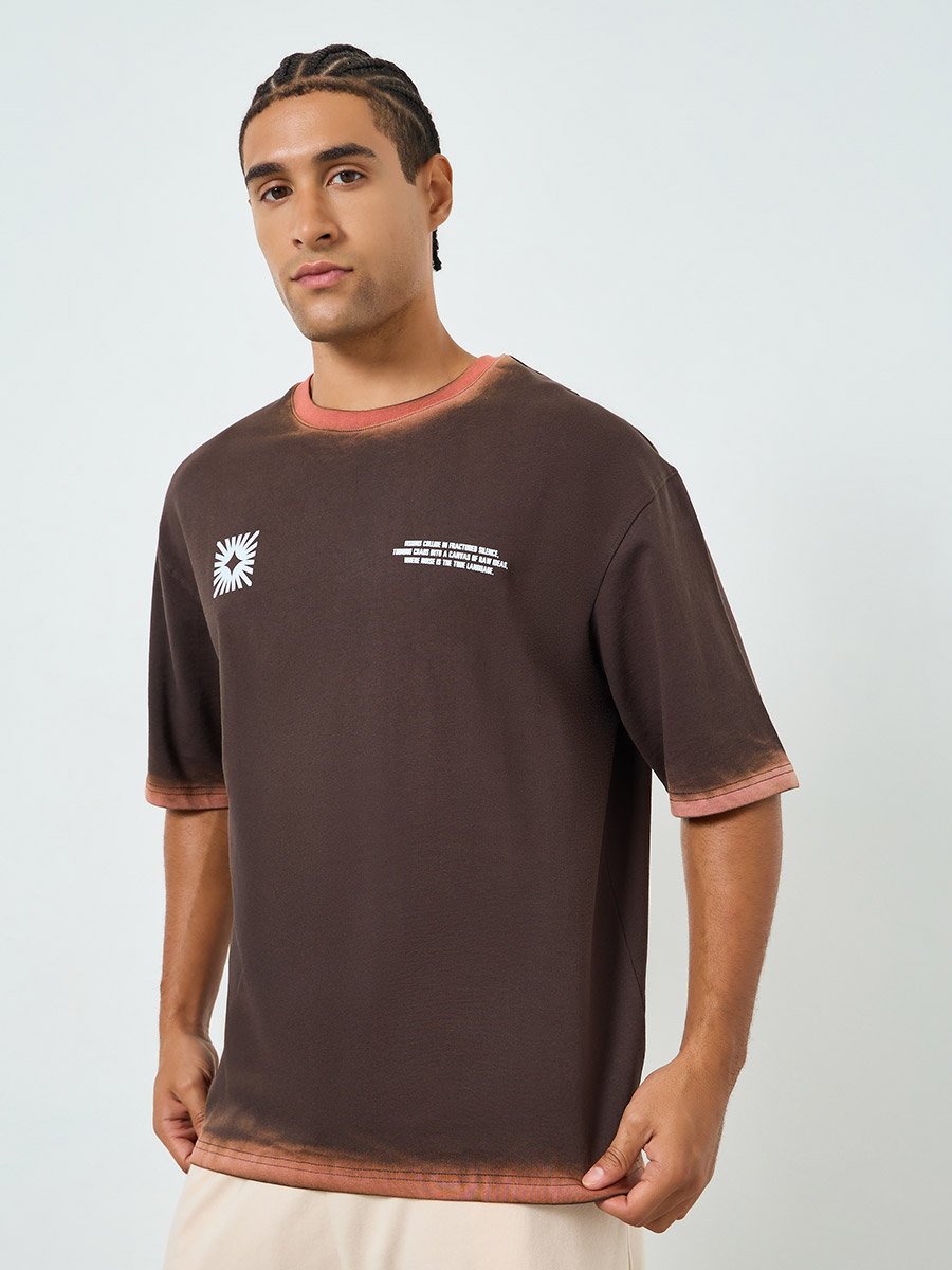 Men Brown Graphic Print Oversized T-Shirt