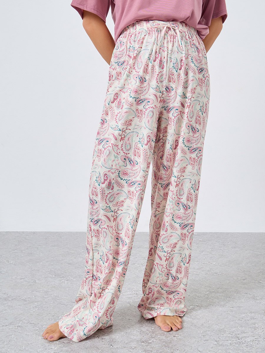 Slogan T-Shirt and Paisley Print Pyjama Set