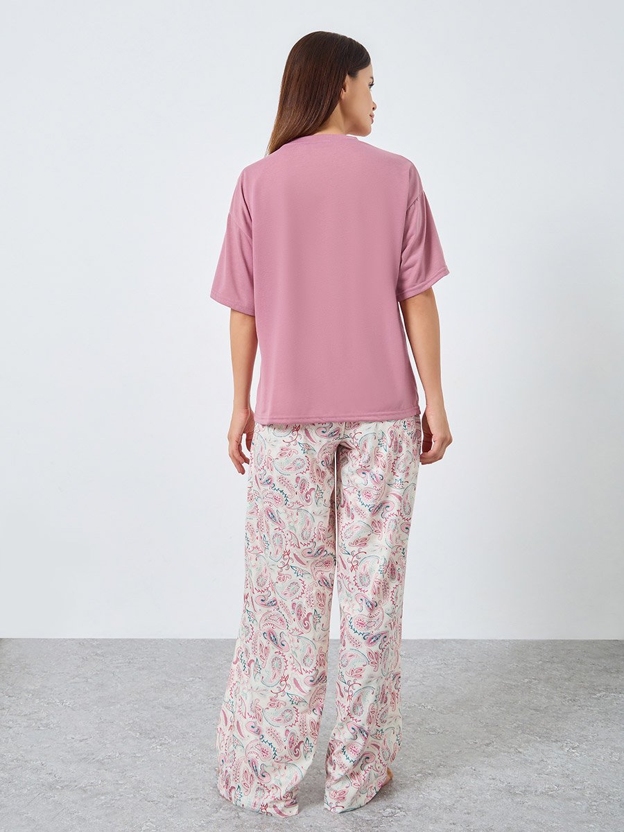 Slogan T-Shirt and Paisley Print Pyjama Set