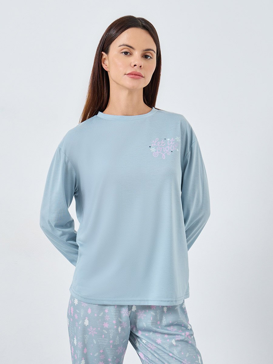 Slogan Long Sleeve T-Shirt and Winter Print Cuffed Pyjama Set