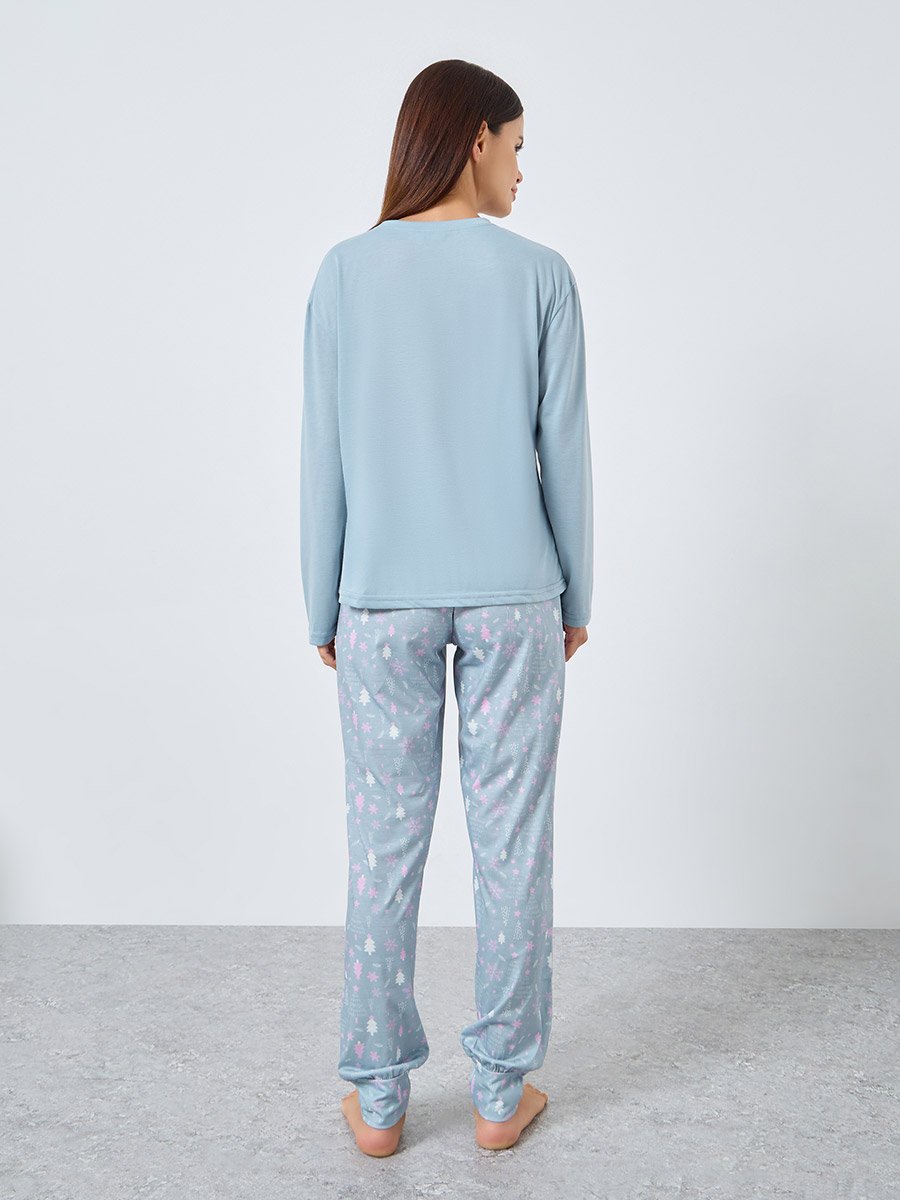 Slogan Long Sleeve T-Shirt and Winter Print Cuffed Pyjama Set