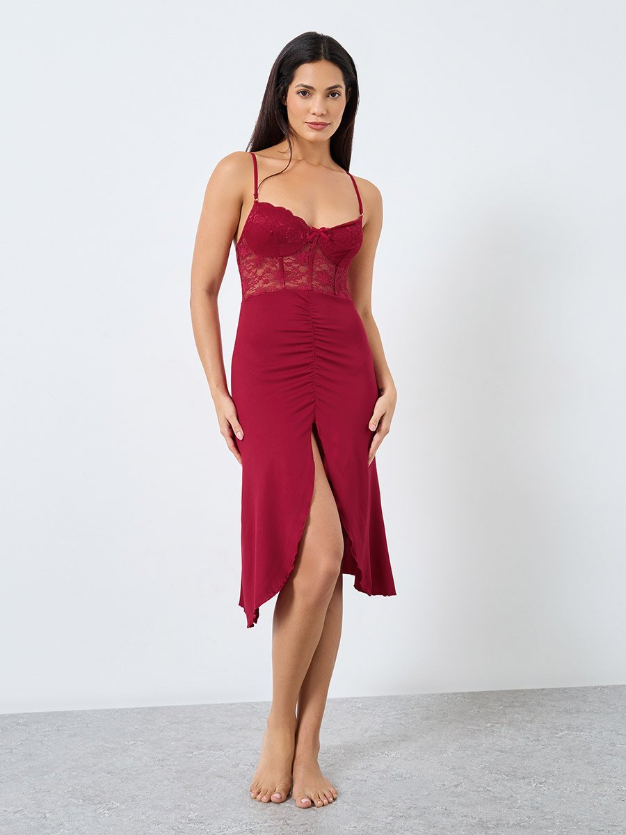 Lace Cup Bow Detail Slit Cut Slip Dress For Women at Bahrain | Styli