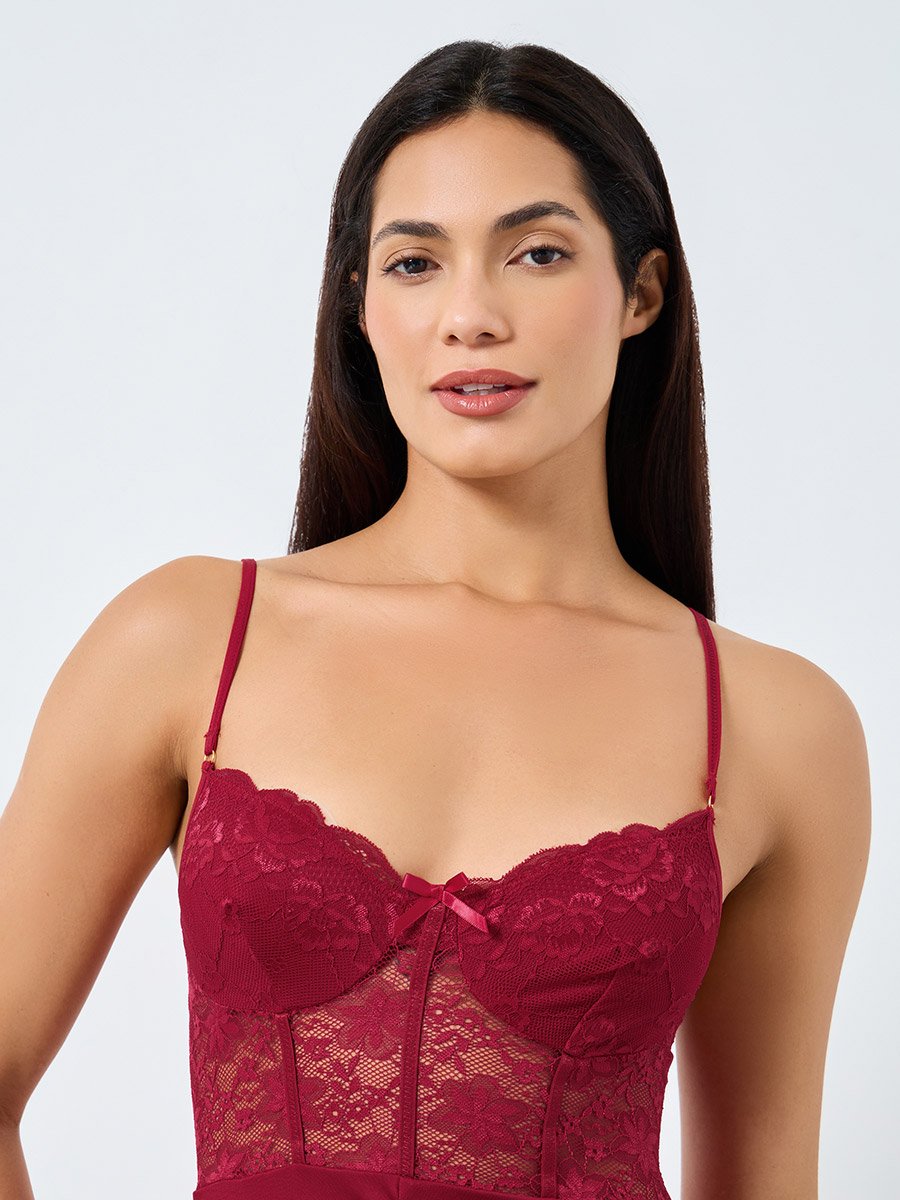 Lace Cup Bow Detail Slit Cut Slip Dress