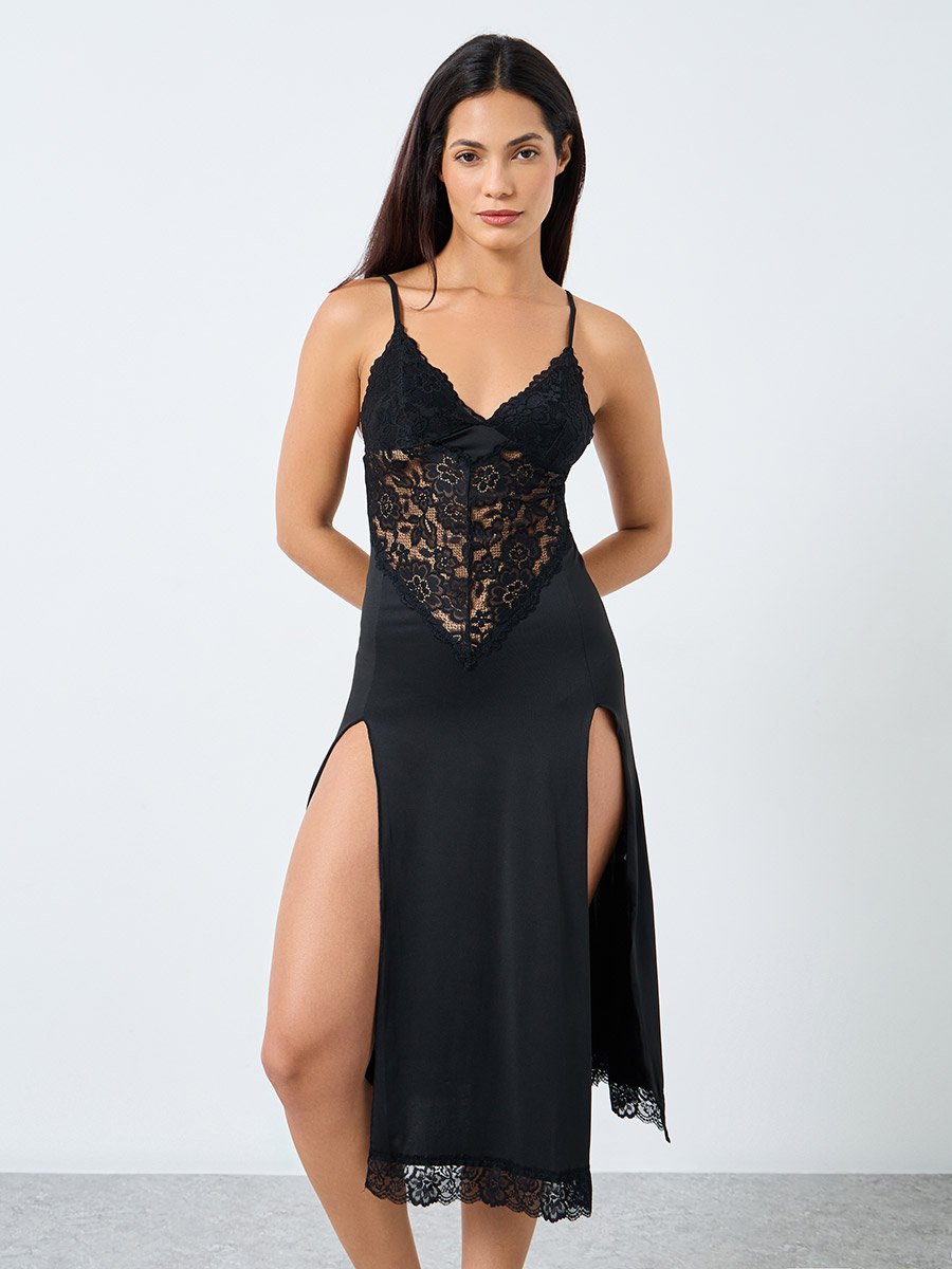 Lace Panel Cami Slip Dress with Double Slit