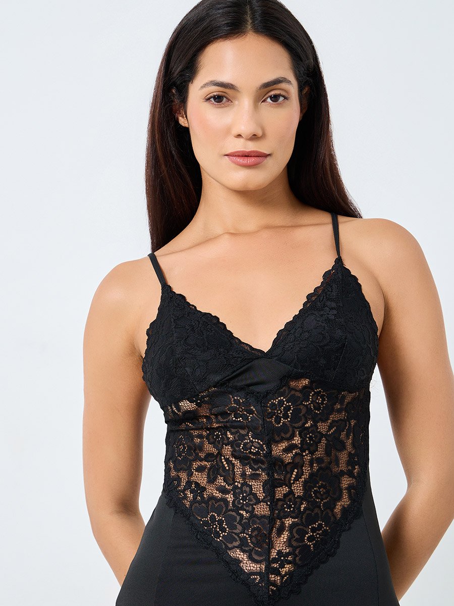 Lace Panel Cami Slip Dress with Double Slit