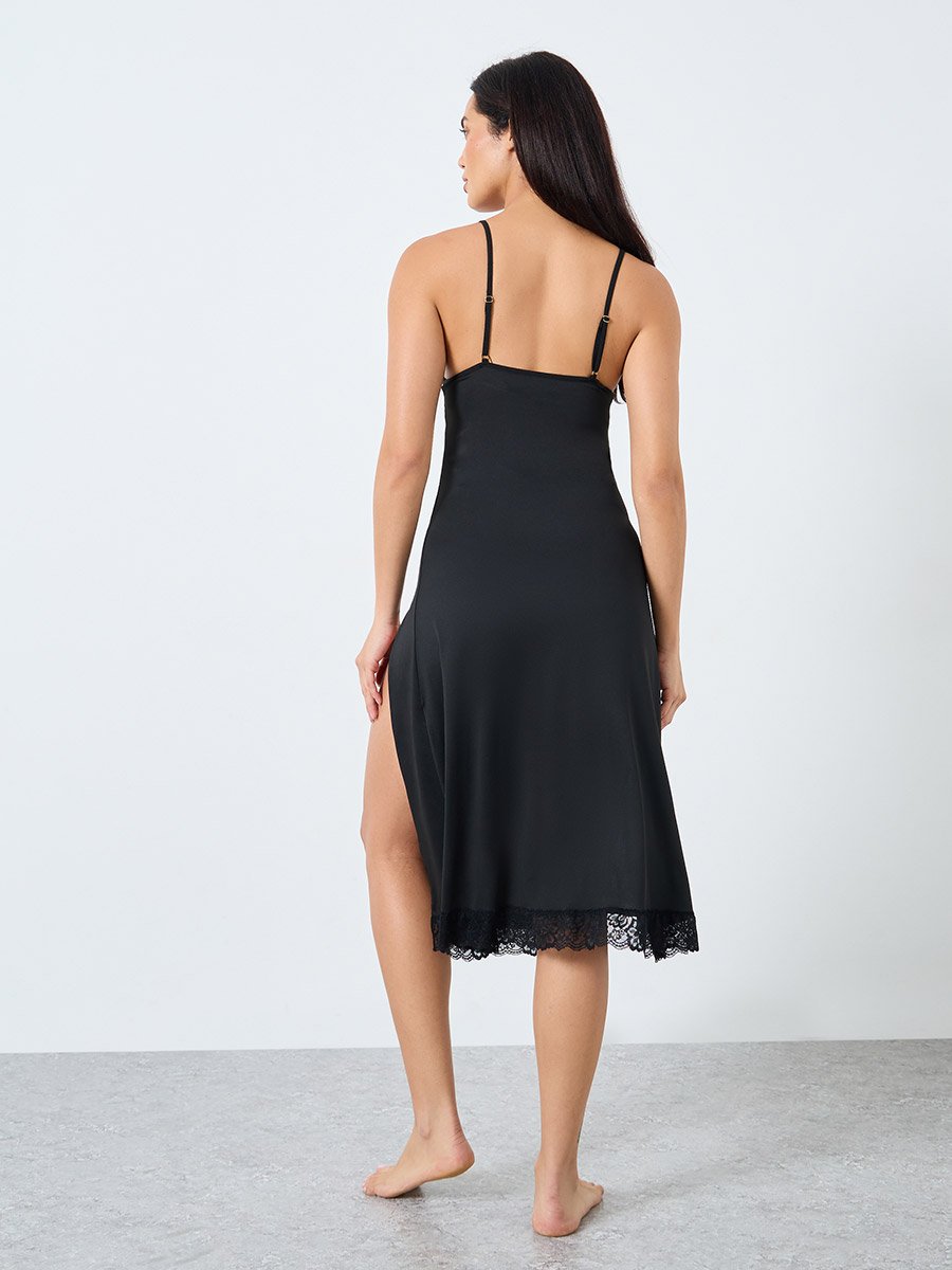 Lace Panel Cami Slip Dress with Double Slit