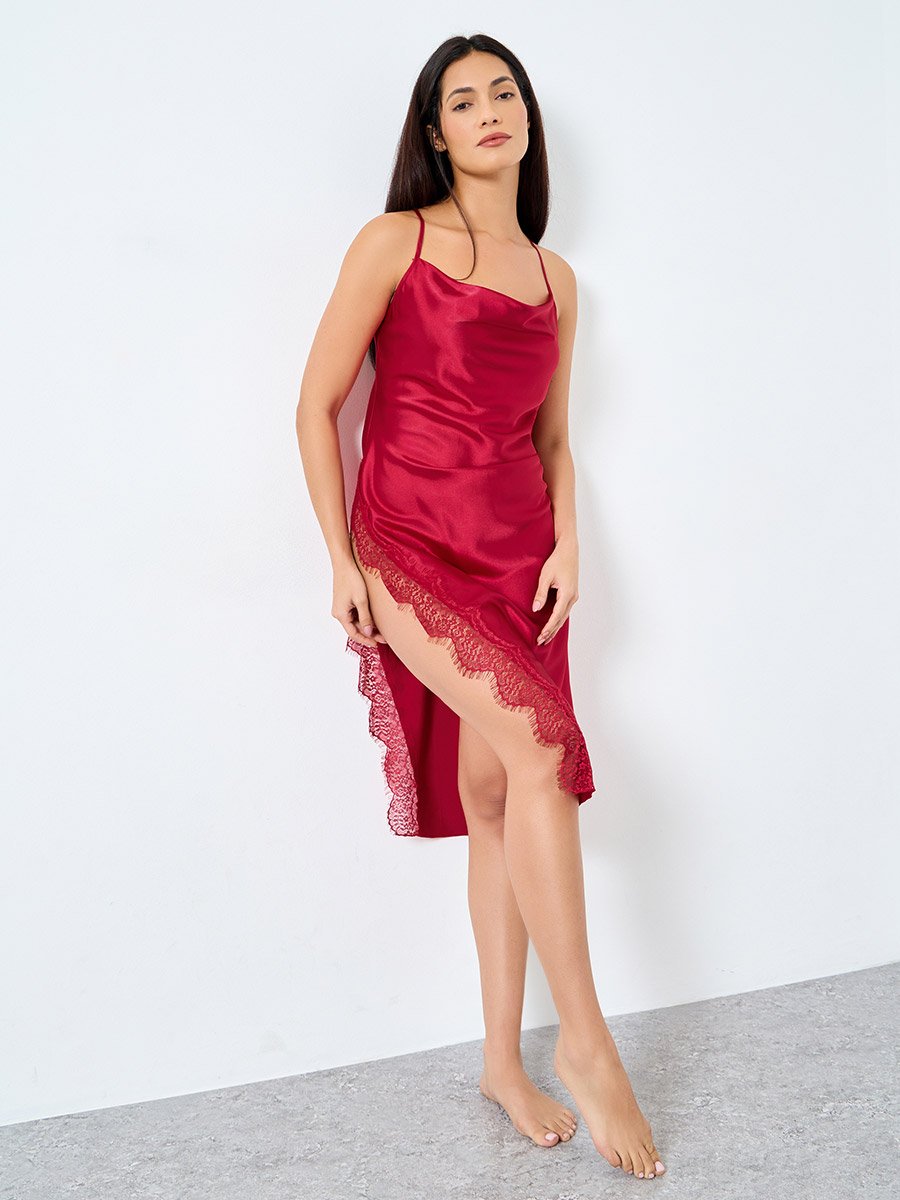 Solid Cowl Neck Lace Trim Cami Slip Dress For Women at Bahrain | Styli