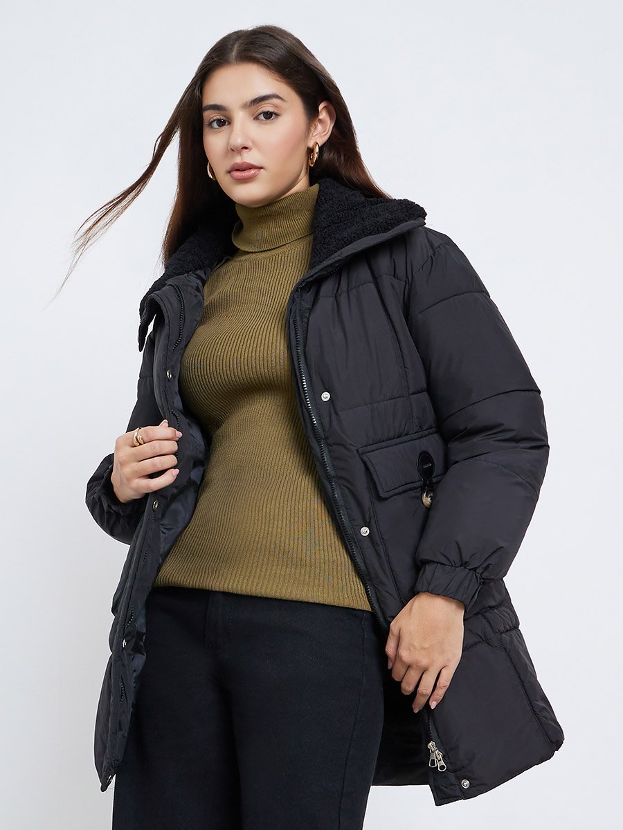 Black Longline Padded Coat with Faux Fur Lining