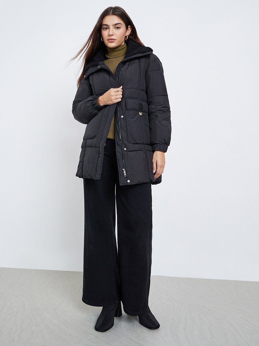 Black Longline Padded Coat with Faux Fur Lining
