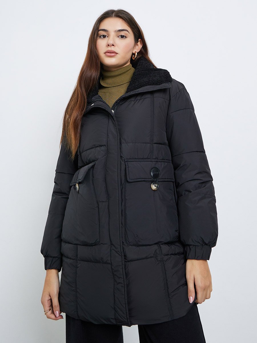 Black Longline Padded Coat with Faux Fur Lining