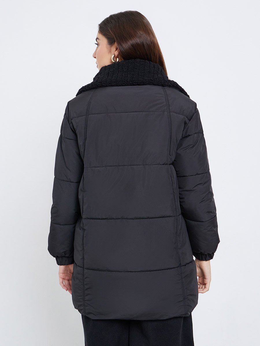 Black Longline Padded Coat with Faux Fur Lining