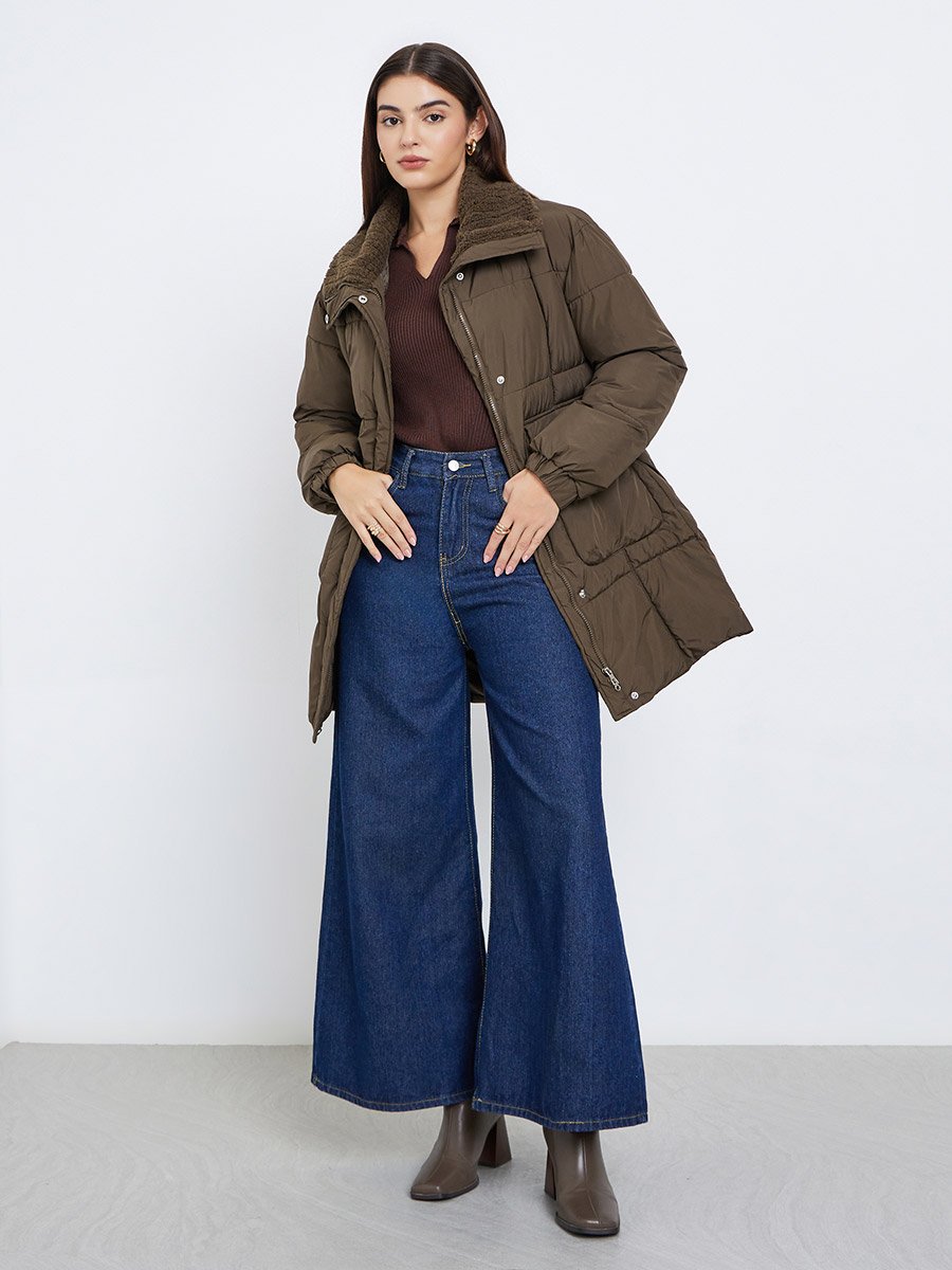 Brown Longline Padded Coat with Faux Fur Lining