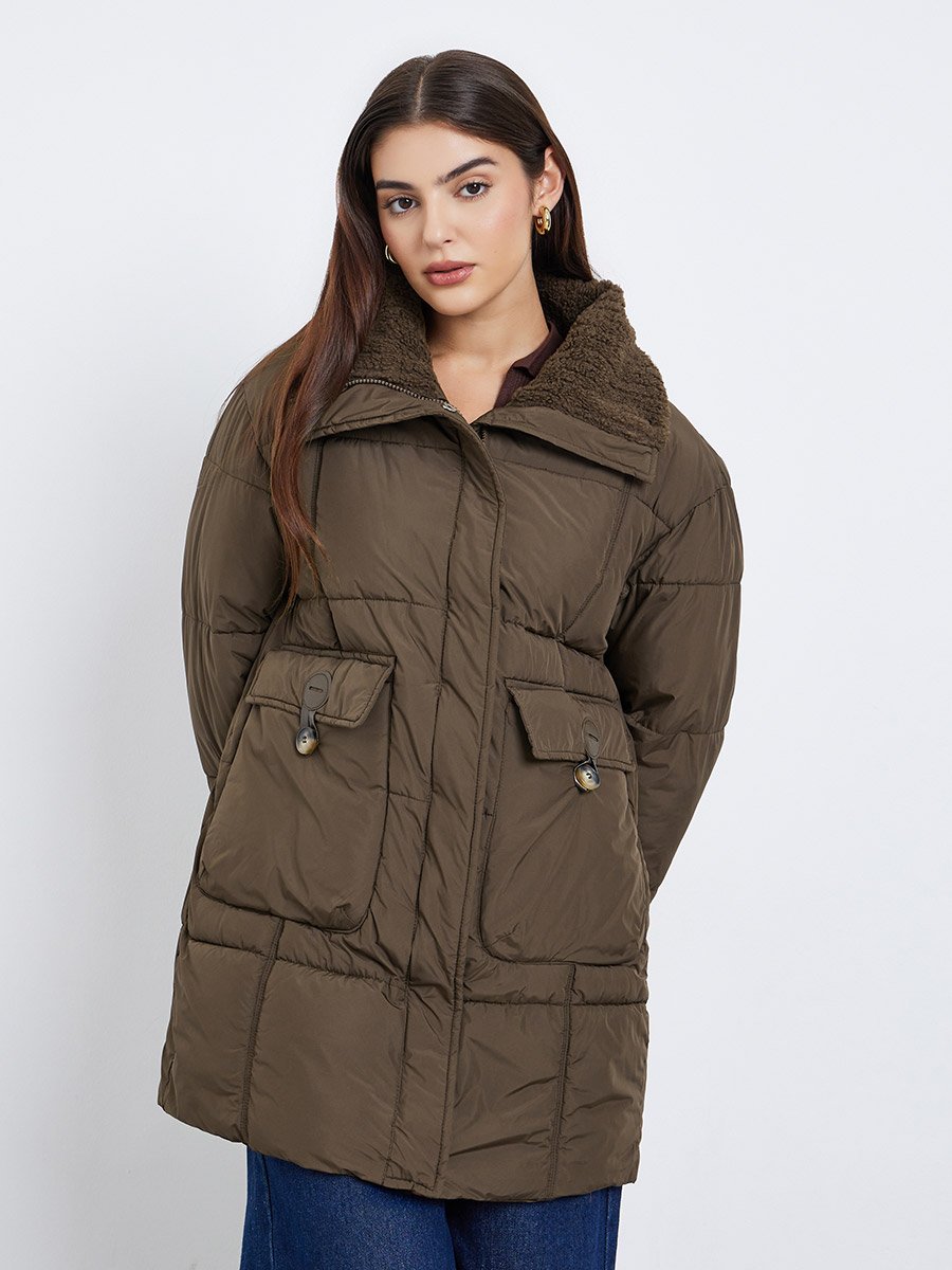 Brown Longline Padded Coat with Faux Fur Lining