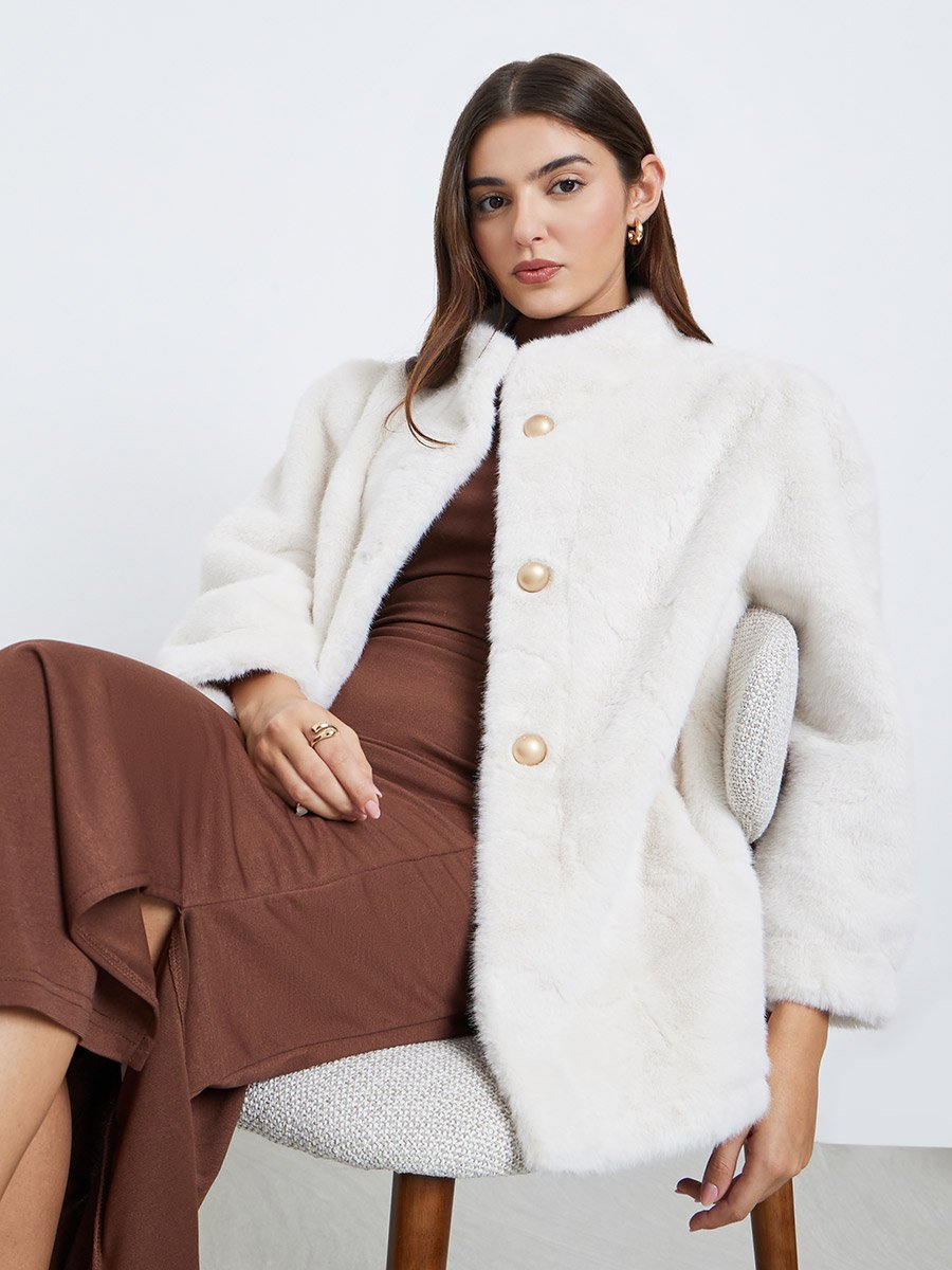 Off White Faux Fur Longline Coat