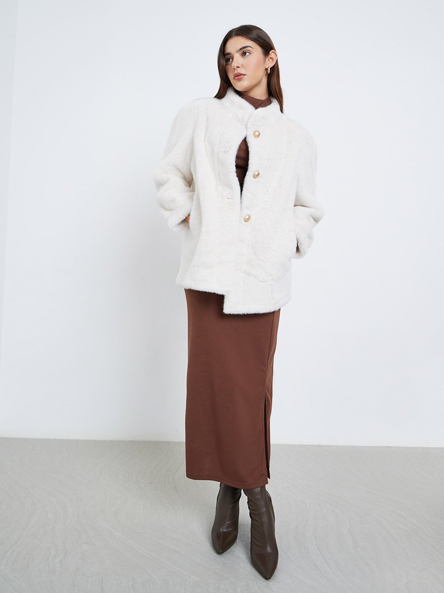 Off White Faux Fur Longline Coat