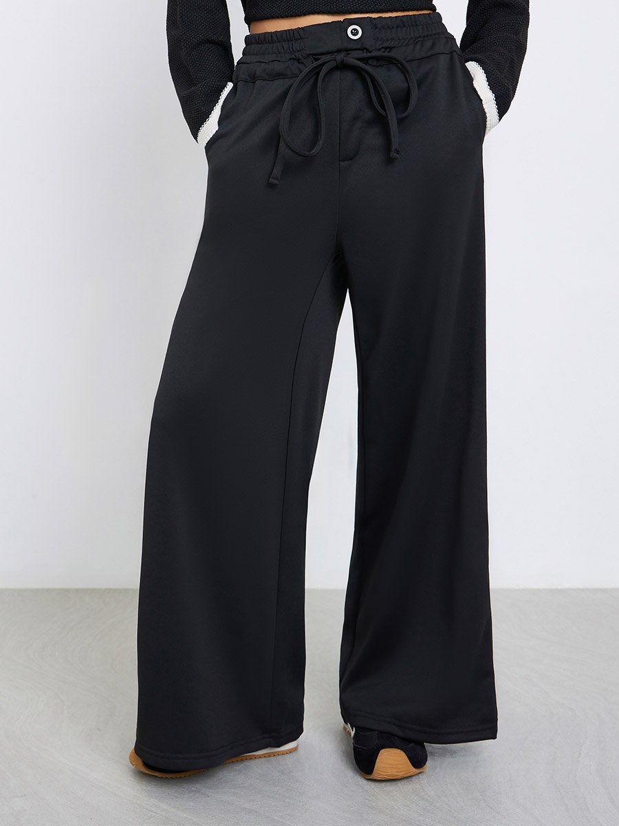 Black Wide Leg Joggers with Tie Detail