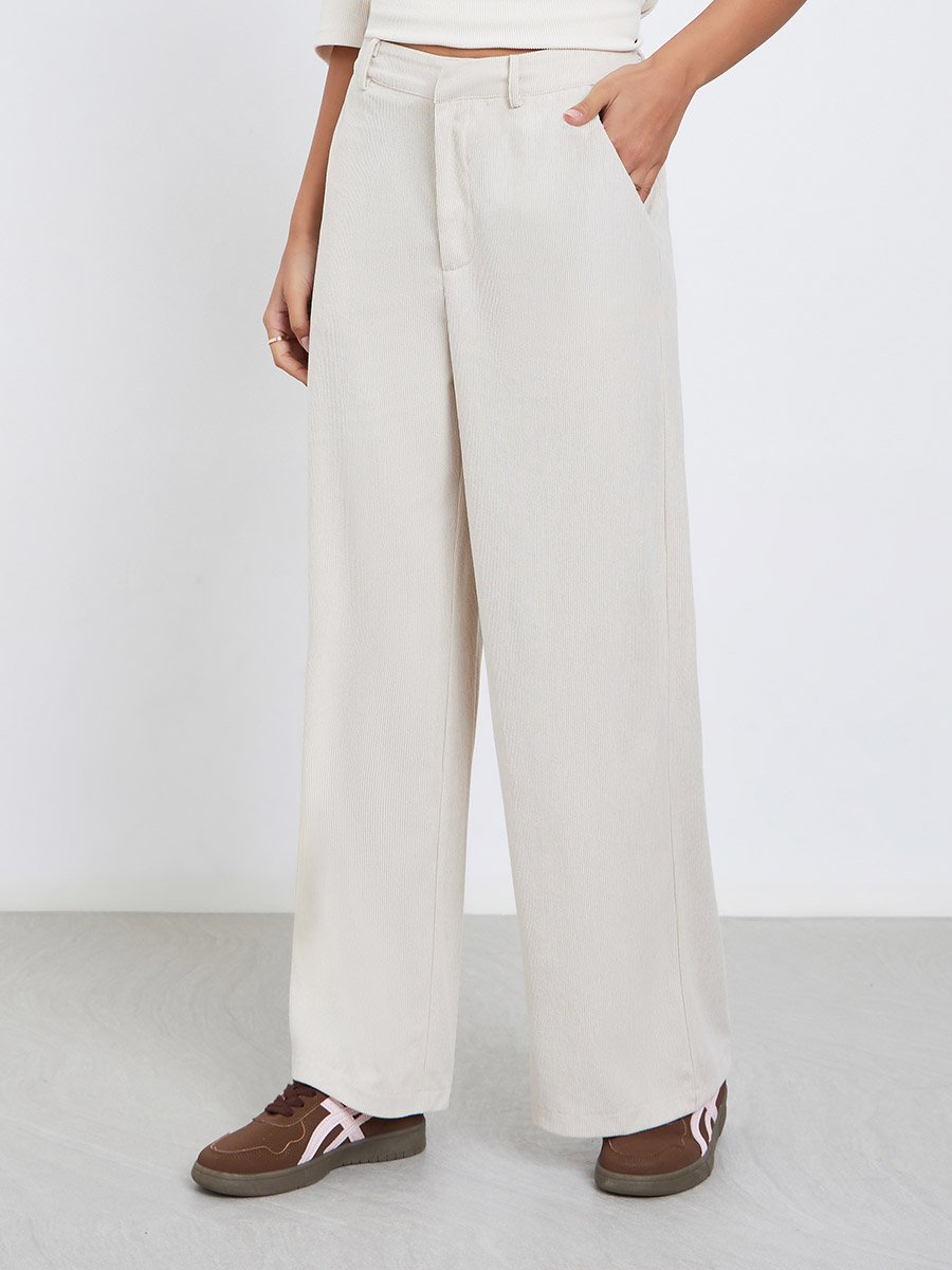 Women Cream Corduroy Flat Front Wide Leg Pants