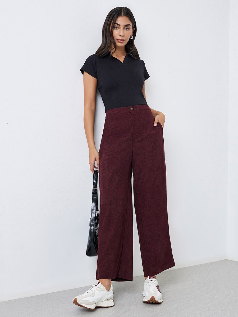 Burgundy Corduroy Wide Leg Trousers