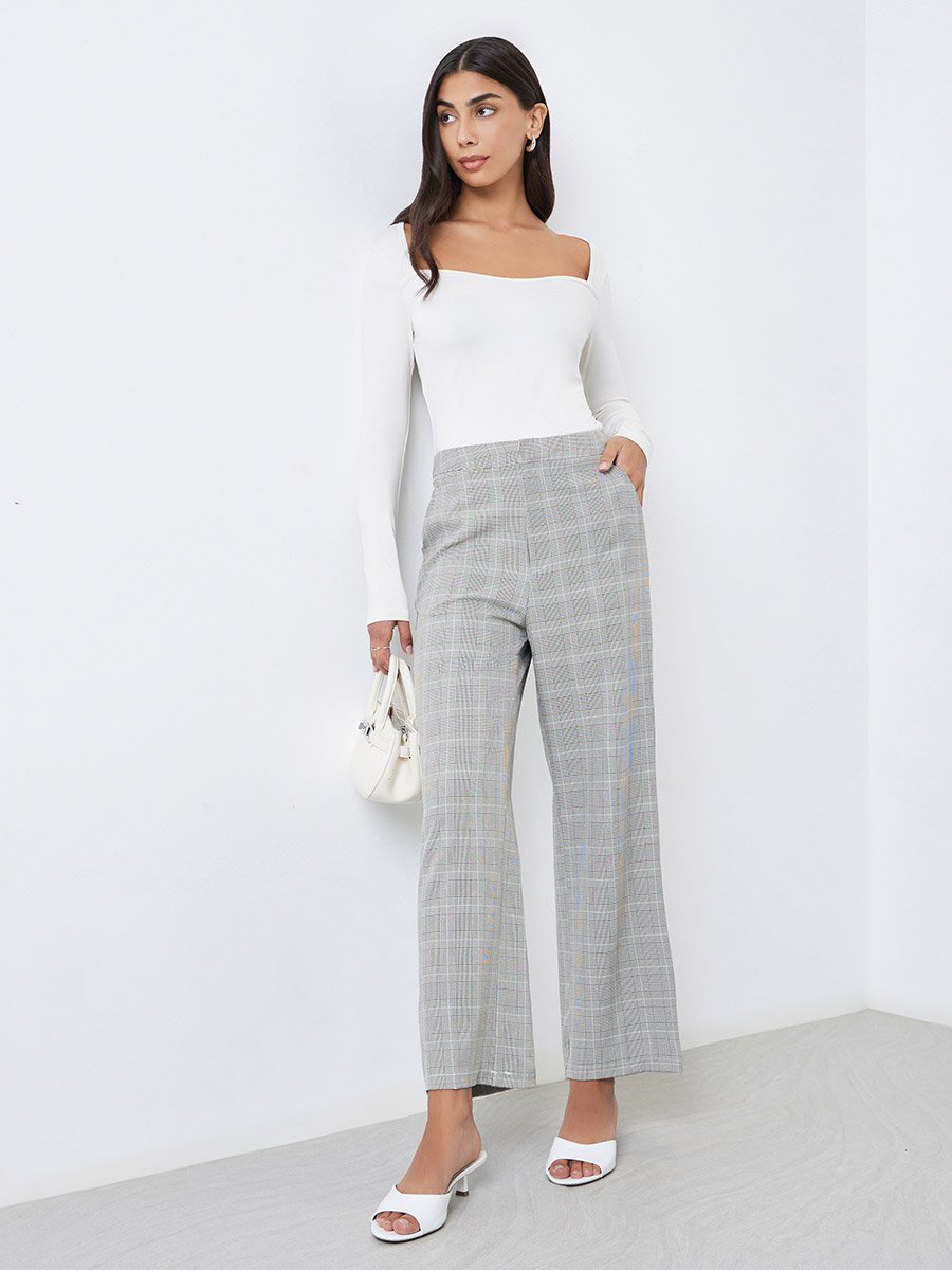 Women Checked Wide Leg Trousers