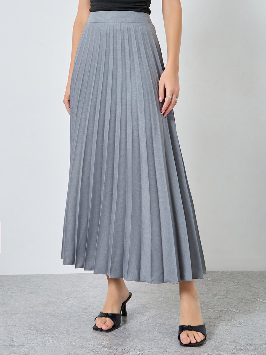 Grey Slubbed Twill Pleated A-Line Maxi Skirt