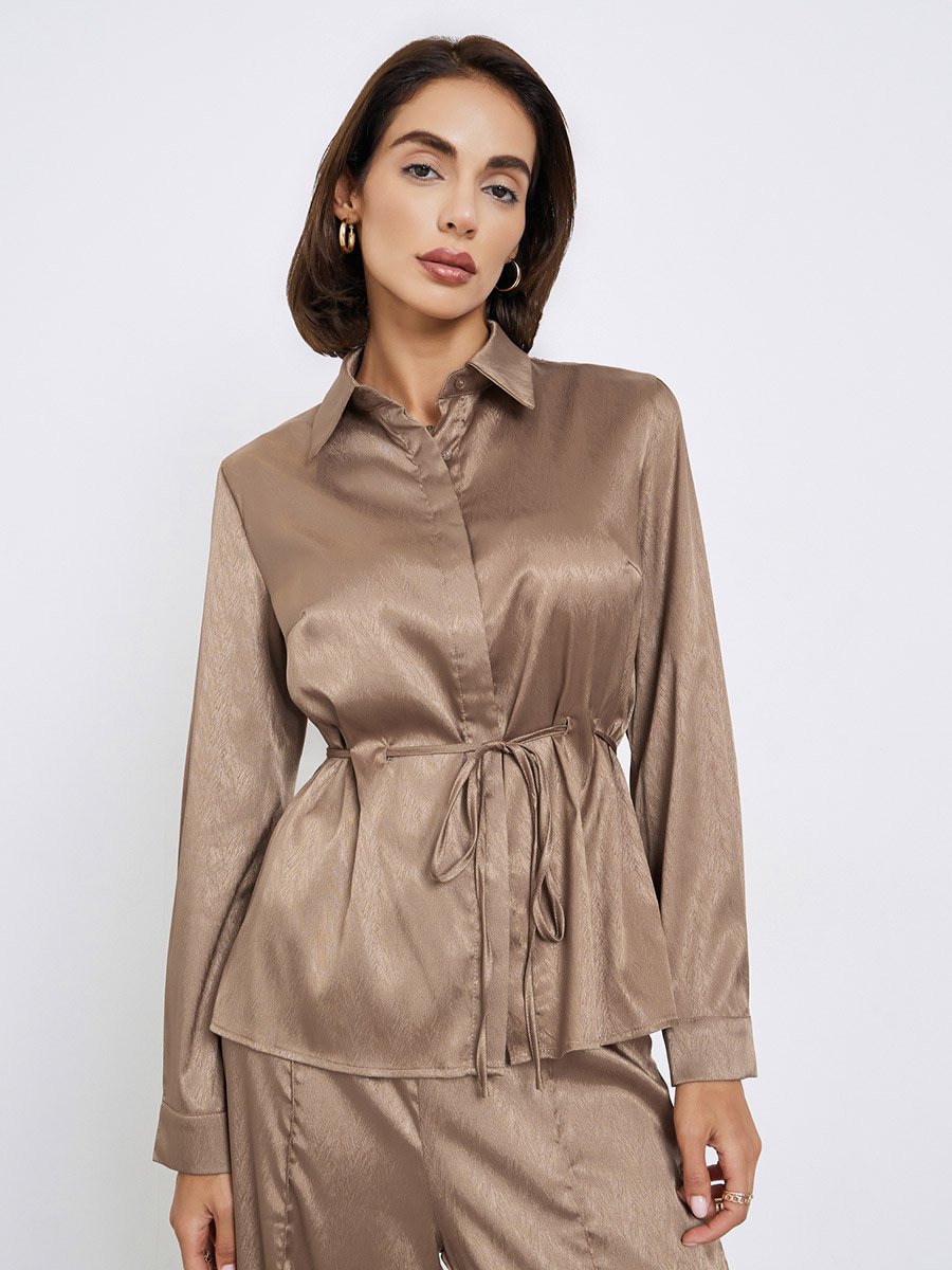 Brown Jacquard Satin Shirt with Tie String