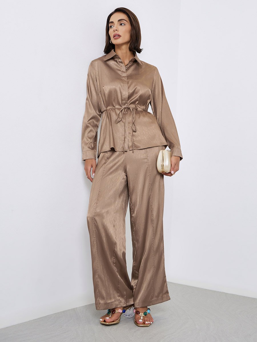 Brown Jacquard Satin Shirt with Tie String