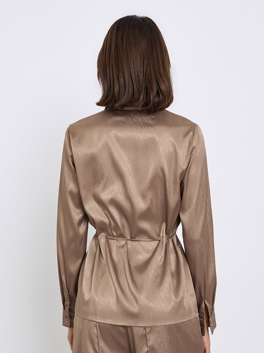 Brown Jacquard Satin Shirt with Tie String