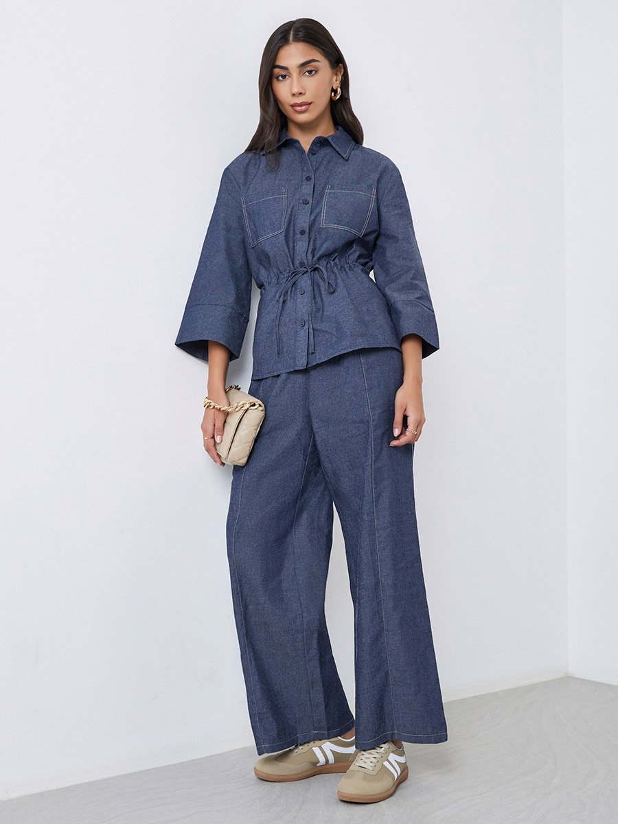 Dark Blue Plain Wide Leg Pants with Belt Loops