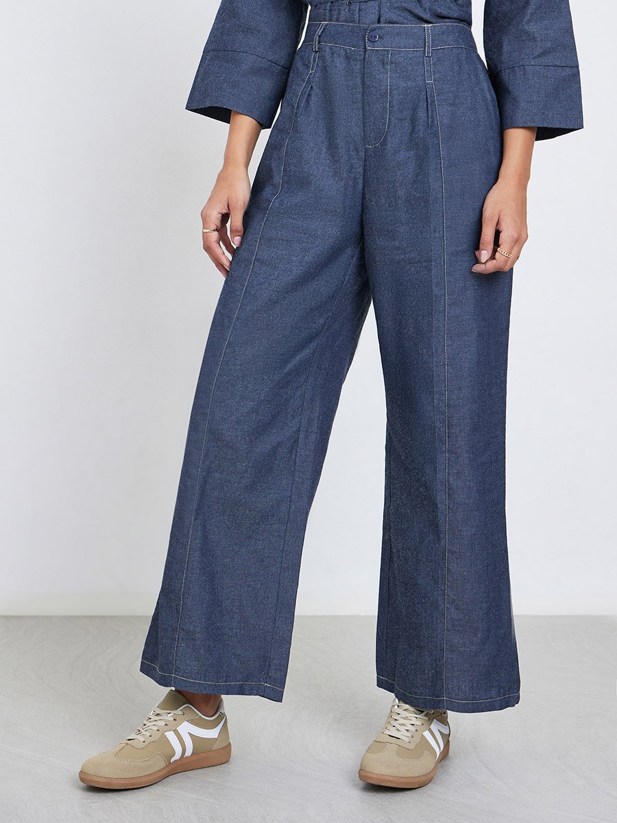 Dark Blue Plain Wide Leg Pants with Belt Loops