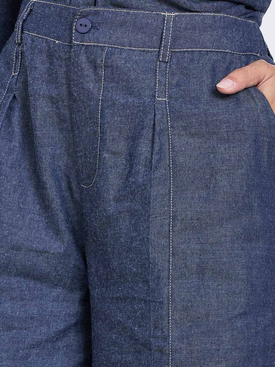 Dark Blue Plain Wide Leg Pants with Belt Loops