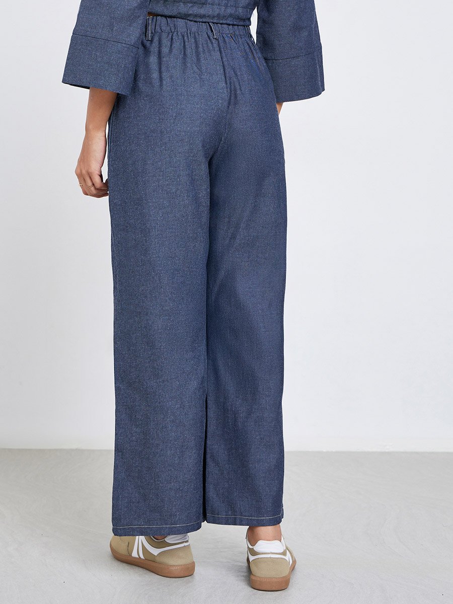 Dark Blue Plain Wide Leg Pants with Belt Loops