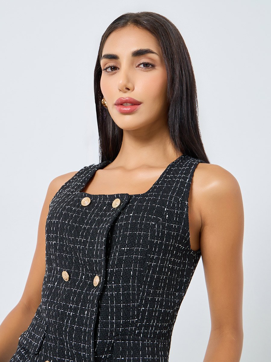 Black Tweed Square Neck Waistcoat