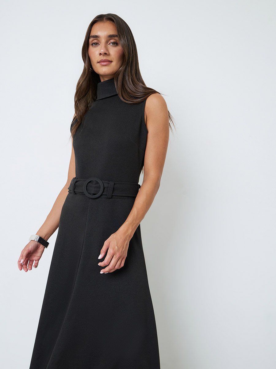 Black Sleeveless Belted A-Line Maxi Dress