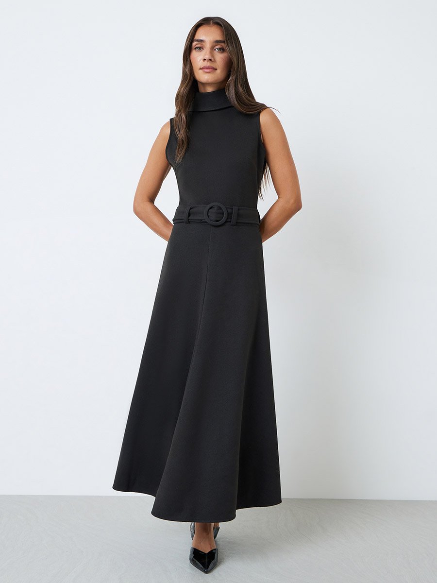 Black Sleeveless Belted A-Line Maxi Dress