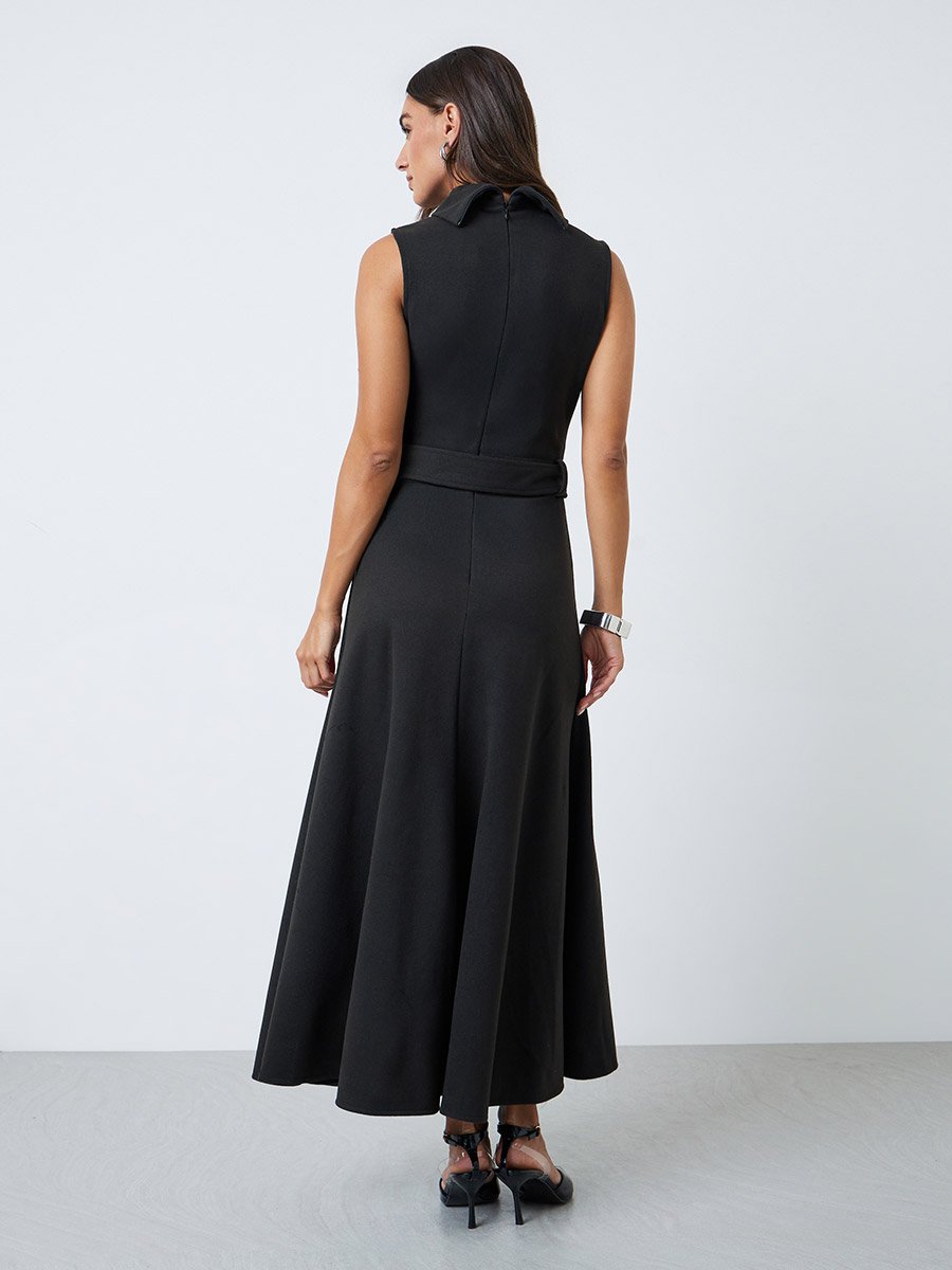Black Sleeveless Belted A-Line Maxi Dress