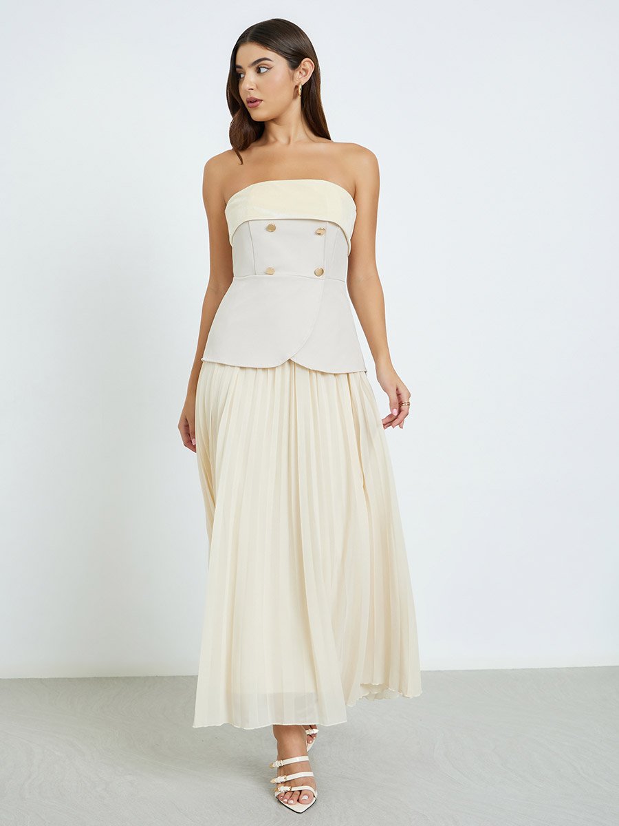 Beige Bandeau Neck Pleated Maxi Dress For Women at Bahrain | Styli