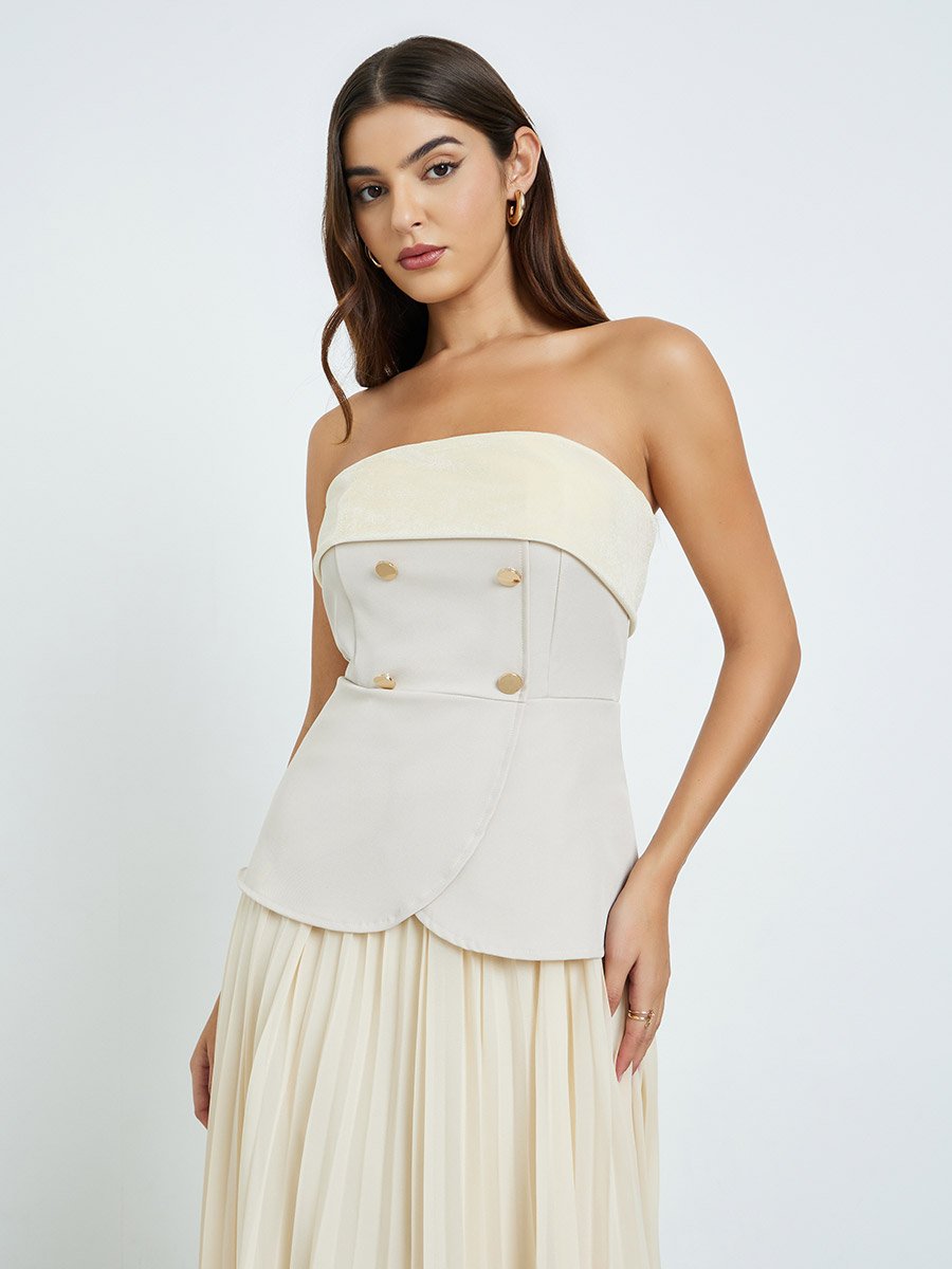 Beige Bandeau Neck Pleated Maxi Dress