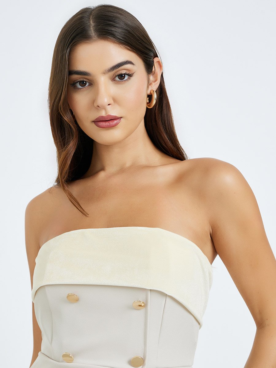 Beige Bandeau Neck Pleated Maxi Dress